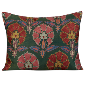 Rectangular silk suzani cushion with carnations on forest green ground