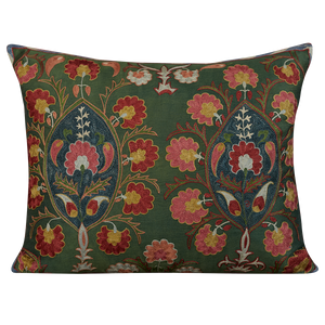 Rectangular silk suzani cushion with floral design on forest green ground