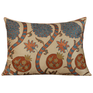Rectangular silk suzani cushion with orange pomegranate design