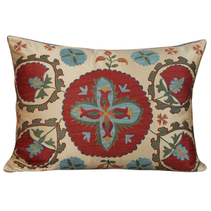 Rectangular silk suzani cushion with floral and Anatolian design