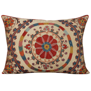 Rectangular silk suzani cushion with central medalion and floral design