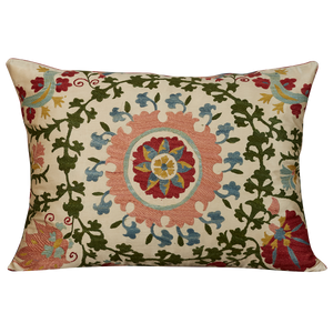 Rectangular scrolling green and central pink floral design silk suzani cushion