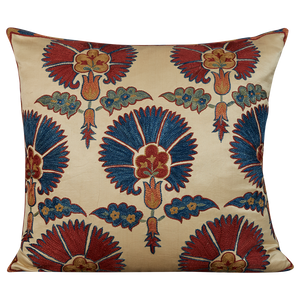 Square silk suzani cushion with red and blue carnation design