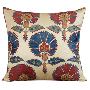 Square silk suzani cushion with red and blue carnation design and blue silk back