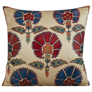 Square silk suzani cushion with red and blue carnation design and green silk back