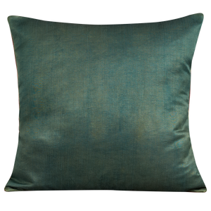 Square silk suzani cushion with red and blue carnation design and green silk back