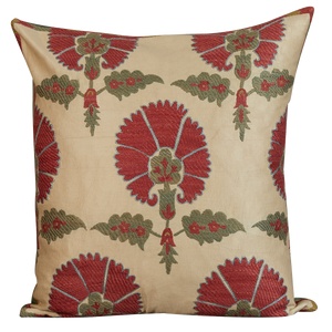 Square silk suzani cushion with red carnation design and green silk back