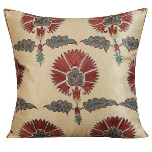 Square silk suzani cushion with oxblood carnation design and oxblood silk back