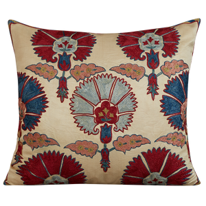 Square silk suzani cushion with pale blue and red carnation design