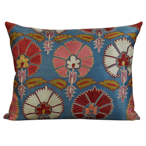 Rectangular silk suzani cushion with carnation design on blue ground