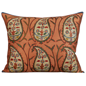 Rectangular silk suzani cushion with cream paisley design on pink ground