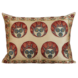 Rectangular silk suzani cushion with tulip motifs and scalloped border