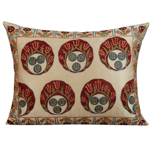 Rectangular silk suzani cushion with tulip motifs and scalloped border with oxblood silk back