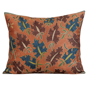 Rectangular silk suzani cushion with stylised Ottoman saz leaves on pink ground