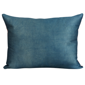 Rectangular silk suzani cushion with blue and pink paisley design on blue ground