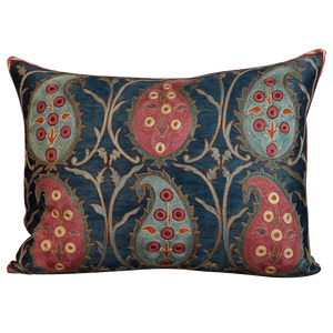 Rectangular silk suzani cushion with blue and pink paisley design on blue ground