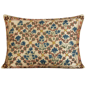Rectangular blue and red floral trellis design suzani on cream ground