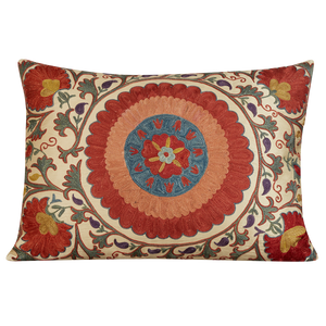 Rectangular bold floral design suzani with large red and pink central medalion