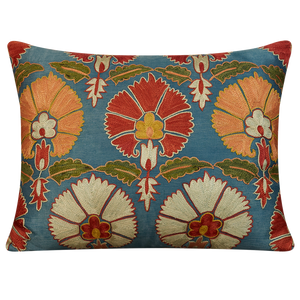 Rectangular floral design suzani with carnation design on blue ground