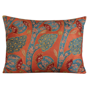 Rectangular pomegranate and vine design suzani on apricot ground and blue silk back