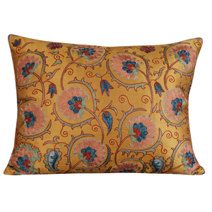Rectangular carnation and vine design suzani on gold ground