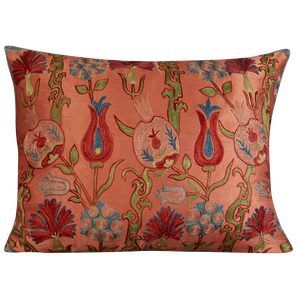 Rectangular carnation, pomegranate, tulip, floral design suzani on pink/coral ground