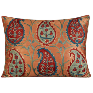 Rectangular red and blue paisley with vine design suzani on salmon pink ground