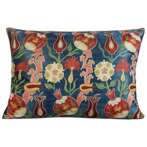Rectangular floral red/pink pomegranate design suzani on dark blue ground