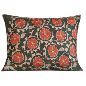 Rectangular simplified carnation design suzani on forest green ground