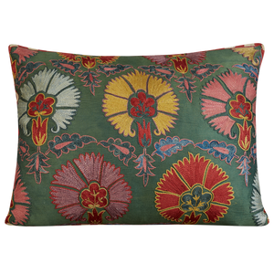 Rectangular multicoloured carnation design suzani on green ground