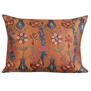 Rectangular red and pink pomegranate design suzani on salmon pink ground