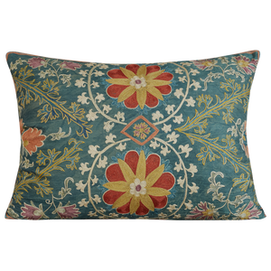 Rectangular daisies and chrysanthemums design suzani on blue/green ground