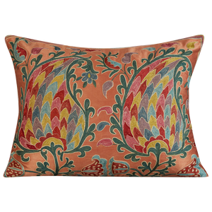 Rectangular multicoloured double paisley design suzani on dark pink salmon ground