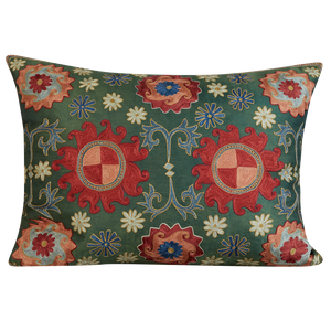 Rectangular medallion and floral starburst design suzani on green ground