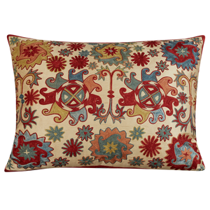 Rectangular venison red starburst medallion design suzani on cream ground