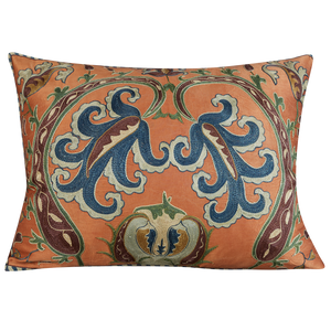 Rectangular aubergine paisley scrolling floral design suzani on coral ground