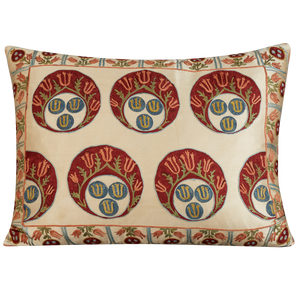 Rectangular medallion, tulip, and pomegranate design suzani on cream ground
