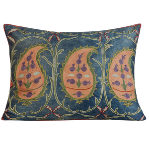 Rectangular orange paisley design suzani on dark blue ground with pink silk back