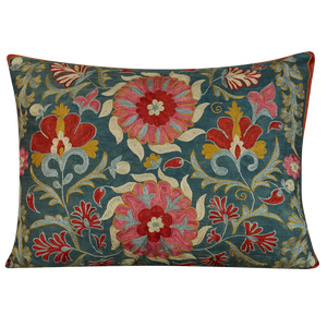 Rectangular peony, rose, and tulip design suzani on green ground