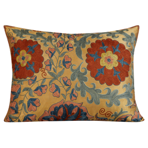 Rectangular rose, and tulip bud floral vine design suzani on gold ground