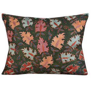 Rectangular multicoloured leaf design suzani on dark blue/green ground
