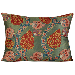 Rectangular Scrolling vine and pink pomegranate design suzani on sea green ground