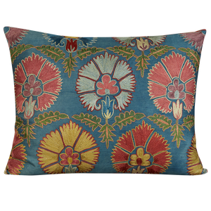 Rectangular blue red and pink carnation design suzani on blue ground