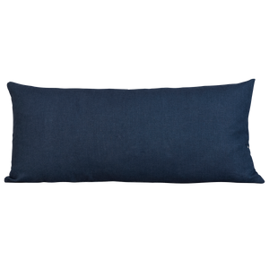 Long rectangular vintage woven cotton Guatemalan indigo cushion with multicoloured embroidery