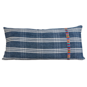 Long rectangular vintage woven cotton Guatemalan indigo cushion with multicoloured embroidery