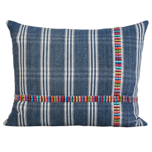 Rectangular vintage woven cotton Guatemalan indigo cushion with multicoloured cotton embroidery