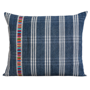 Rectangular vintage woven cotton Guatemalan indigo cushion with single multicoloured cotton embroidery