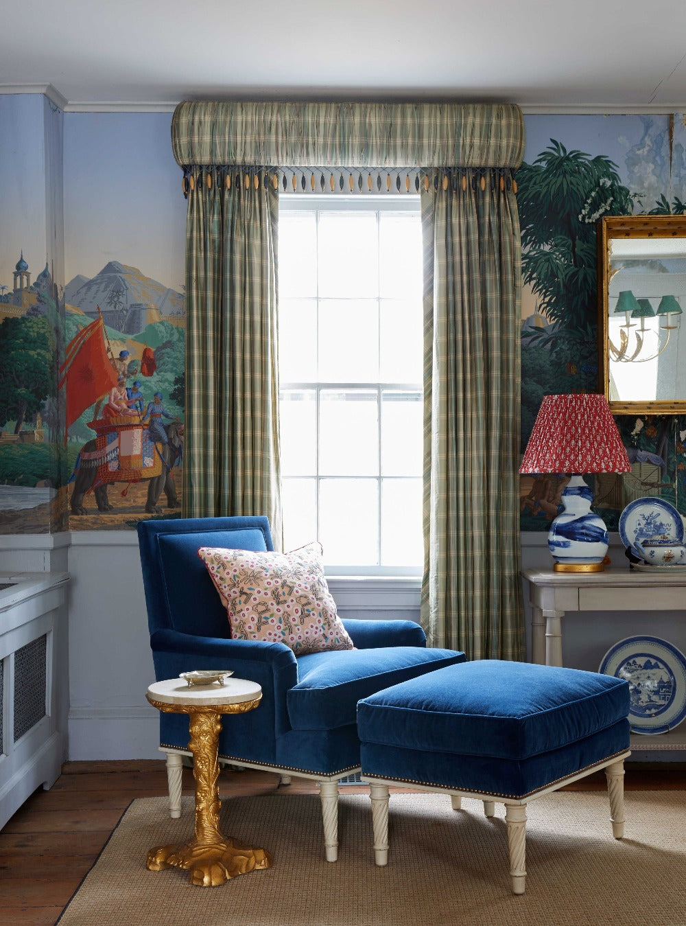 Hand-glazed ceramic lamp in a blue brush stroke glaze on a gold base by Bunny Williams Home