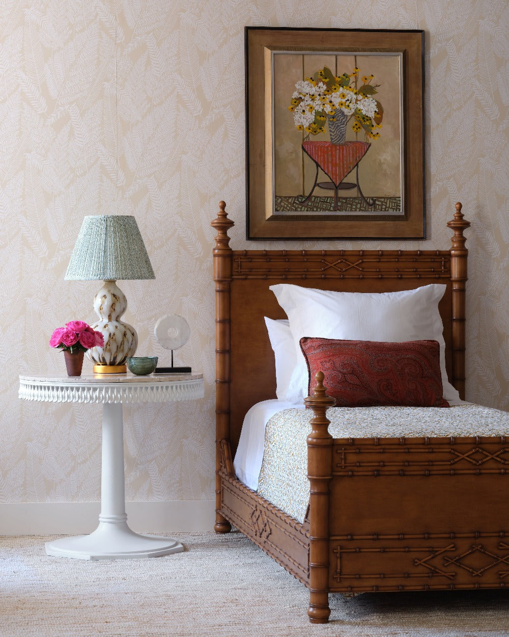 Small brown Pheasant Feather ceramic lamp with gold base by Bunny Williams Home