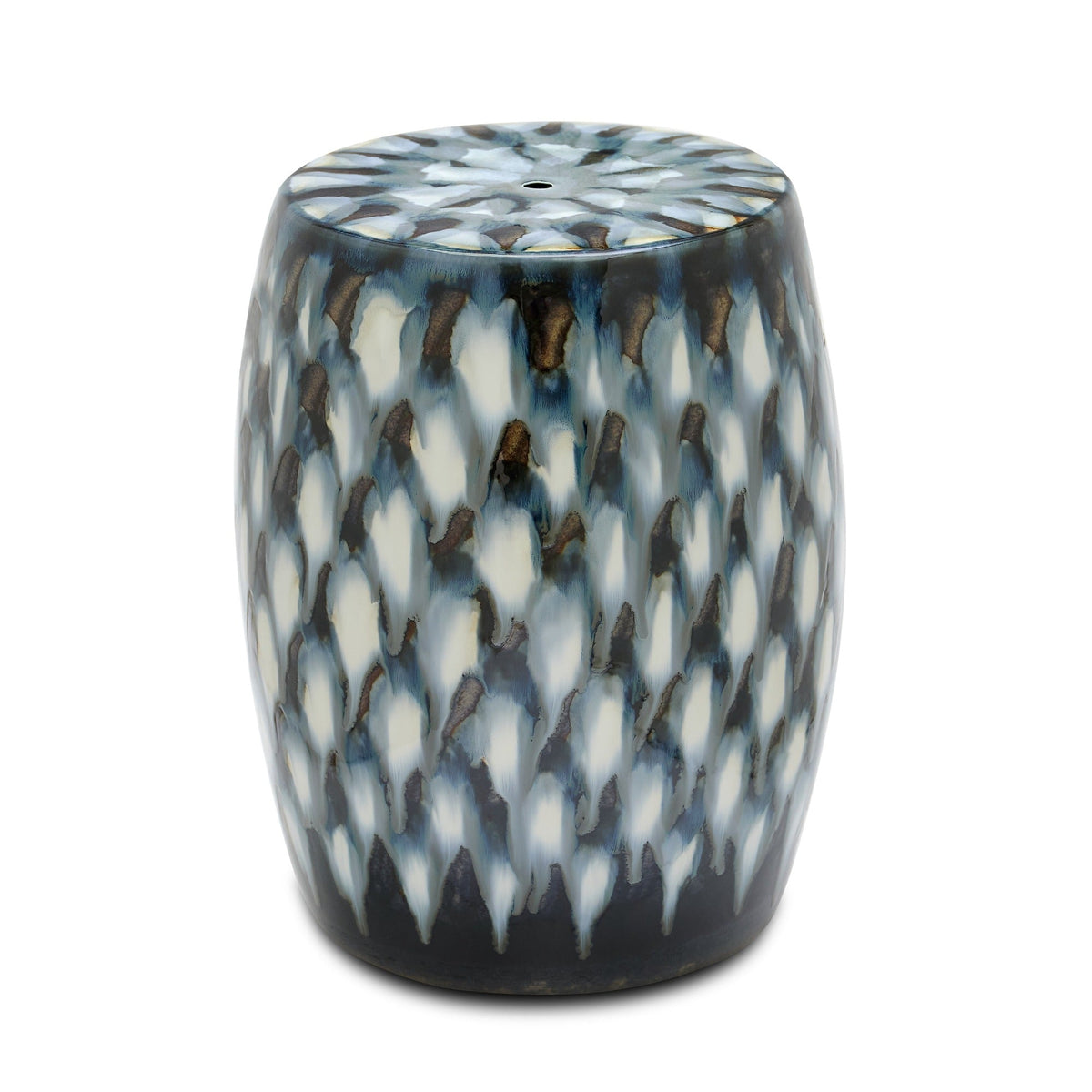 Pheasant Feather glazed ceramic Garden Stool in blue by Bunny Williams home